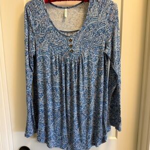 Womens Blue Paisley Scoop-Neck Long Sleeve Top